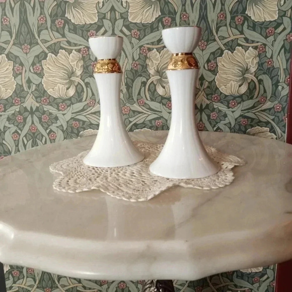 Set of 2 vintage Candle holder ceramic White and gold - Picture 1 of 4
